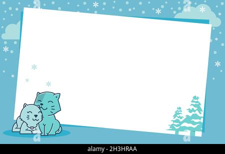 Coppia Cat Pino albero Inverno Snowflake Holiday Card telaio modello sfondo Illustrazione Vettoriale