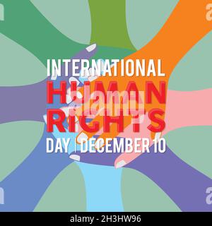 Illustrazione della giornata internazionale dei diritti umani per l'uguaglianza globale e la pace con la mano colorata della gente, concetto di diversità sociale. Illustrazione vettoriale EPS Illustrazione Vettoriale