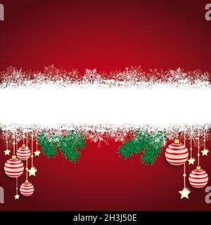 Fiocchi di neve Banner sfondo rosso Baubles Twigs Foto Stock