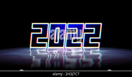 Cartello al neon di Capodanno 2022 con cifre 3D lucide e reflection realistico sul pavimento bagnato. 2021 emblema o copertina per la carta di invito della vigilia di Capodanno. Illustrazione Vettoriale