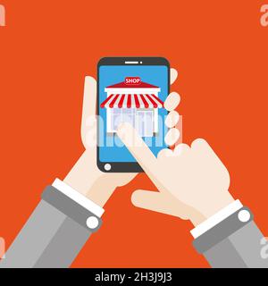 Negozio di smartphone a mano fare clic su piatto Foto Stock
