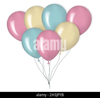 Fascio di palloncini colorati isolato su sfondo bianco, illustrazione vettoriale realistica. Palloncini di elio lucido volanti Illustrazione Vettoriale