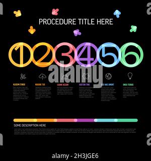 Schema del modello scuro di avanzamento del processo vettoriale - sei passaggi circolari orizzontali con icone e descrizioni di numeri grandi. Linee circolari spesse e vivaci Illustrazione Vettoriale