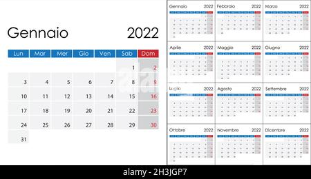 Simple Calendar 2022 in lingua italiana, inizio settimana lunedì. Modello vettoriale Illustrazione Vettoriale