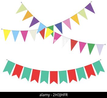 Ghirlanda di banner Pennant, illustrazione vettoriale. Decorazione con bandiera appesa. Festa a colori brillanti Illustrazione Vettoriale