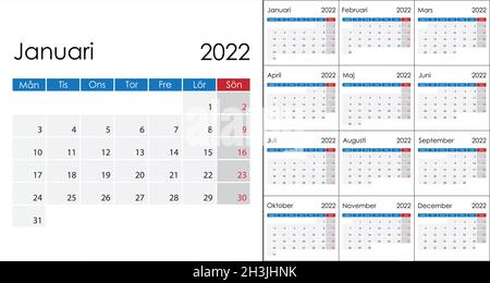 Simple Calendar 2022 in lingua svedese, la settimana inizia il lunedì. Modello vettoriale Illustrazione Vettoriale