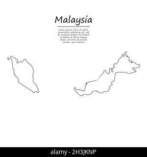 Semplice mappa di contorno della Malesia, silhouette vettoriale in stile linea di schizzo Illustrazione Vettoriale