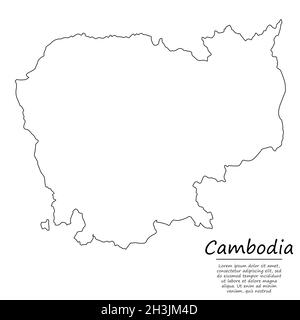 Semplice mappa di contorno della Cambogia, silhouette vettoriale in stile linea di schizzo Illustrazione Vettoriale