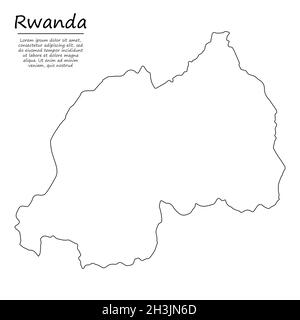 Semplice mappa di contorno del Ruanda, silhouette vettoriale con stile linea di schizzo Illustrazione Vettoriale