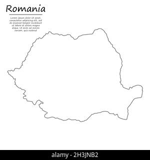 Semplice mappa di profilo della Romania, silhouette vettoriale in stile linea di schizzo Illustrazione Vettoriale