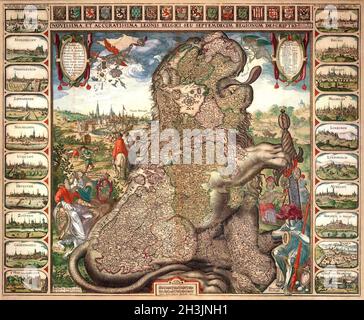 Novissima, et Accuratissima Leonis Belgici, seu Septemdecim Regionum Descripio. Auct: N.I. Visschero. La seduta Leo Belgico o Leone olandese, mappa dei paesi del Benelux in o tra il 1611 e il 1621 Creatore Claes Janszoon Visscher II (1587–1652) Foto Stock