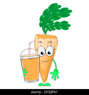 Succo di carota e carote cartoon. Illustrazione vettoriale su sfondo bianco. Illustrazione Vettoriale