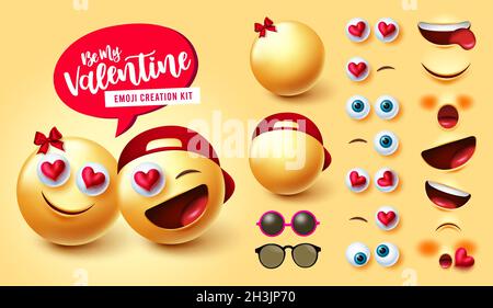 Set vettore creatore coppia Smileys. Personaggio Emoji valentines in kit 3d con simpatico emoticon espressione facciale modificabile per il viso di San Valentino. Illustrazione Vettoriale