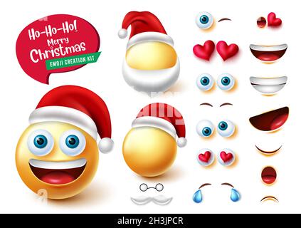 Set vettoriale Smileys babbo Natale. Personaggio emoji babbo natale in kit 3d con simpatica e divertente espressione facciale modificabile per la creazione di personaggi natalizi. Illustrazione Vettoriale
