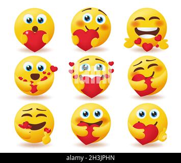 Smiley in amore emojis vettore set. Emoticon di San Valentino carattere con cuore elemento d'amore isolato in sfondo bianco per la cura e l'amore emoji. Illustrazione Vettoriale