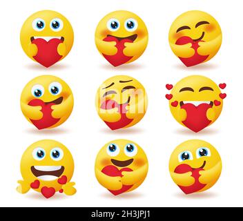 Set di vettori emoticon valentine. Emoticon in amore sorridenti personaggi in cura e amore posa isolato in bianco sfondo per San Valentino smileys. Illustrazione Vettoriale