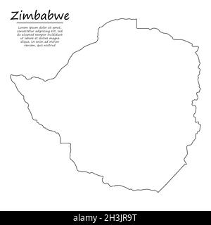 Semplice mappa di contorno dello Zimbabwe, silhouette vettoriale in stile linea di schizzo Illustrazione Vettoriale