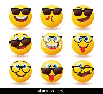 Occhiali da sole Smileys set vettoriale emoticon. Emojis sorridere in tonalità fresche con espressioni facciali allegre, divertenti e carine per il carattere amichevole emoji volti. Illustrazione Vettoriale