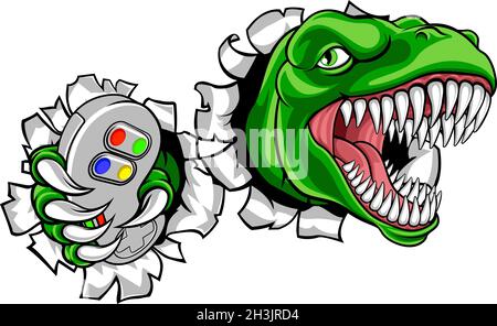 Dinosauro Gamer Video Gioco mascotte del Controller Illustrazione Vettoriale