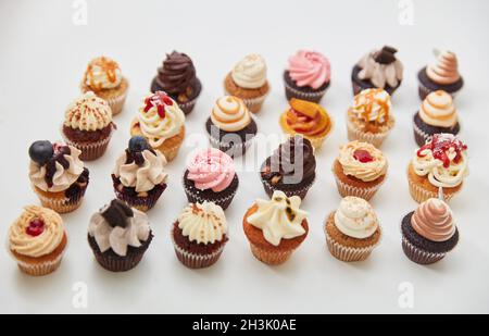 Concetto di diversità e scelta con un sacco di diversi cupcake colorati Foto Stock