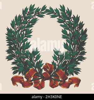 Corona addobbata di Natale, rami sempreverdi, pino, bacche, corona porta. Corona di Avvento, corona di Natale. Corona di Avvento per l'uso su inviti Illustrazione Vettoriale