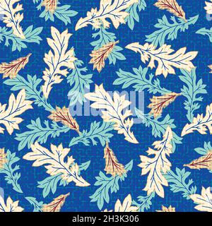 Vettore foglia di acanto sfondo di pattern senza giunture. Arti e mestieri stile disegnate a mano foglie stilizzate su fogliame blu e sfondo a trama sprig. Lusso Illustrazione Vettoriale