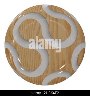 Illustrazione 3D di un cerchio di legno lucido con motivi ondulati su sfondo bianco Foto Stock