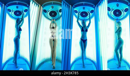 Collage di giovane donna abbronzante nel solarium. Foto Stock