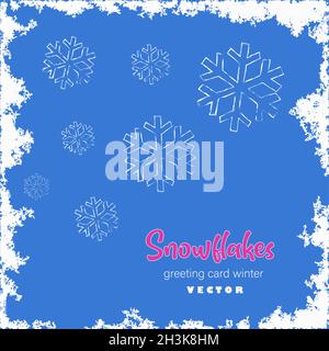 Cornice bianca e congelata fiocchi di neve, biglietto di auguri, vettore di sfondo blu Illustrazione Vettoriale