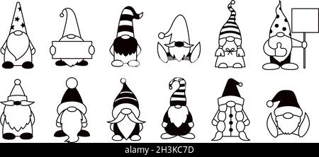 Illustrazioni isolate di gnomes. Bianco e nero. Set di caratteri vettoriali cartoon gnome Illustrazione Vettoriale