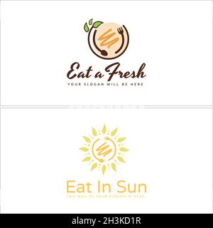 Design con logo forchetta a cucchiaio per alimenti moderni e sani Illustrazione Vettoriale