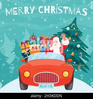 Santa guida Xmas auto rossa con pino di Natale e regali. Illustrazione Vettoriale