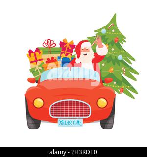 Santa guida Xmas auto rossa con pino di Natale e regali. Illustrazione Vettoriale