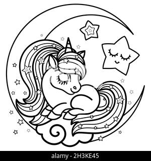 Piccolo simpatico unicorno dormiente sulla luna crescente. Disegno lineare in bianco e nero. Vettore. Illustrazione Vettoriale