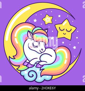 Un simpatico unicorno con una lunga mana su una luna a mezzaluna. Vettore Illustrazione Vettoriale
