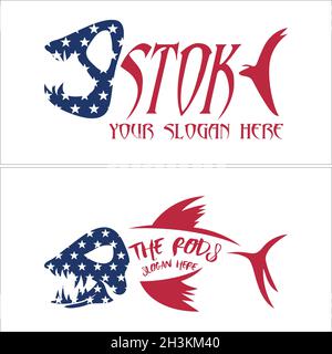 Moderno animale pesce arrabbiato stile American flag logo design Illustrazione Vettoriale