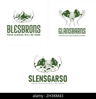 Moderno prendersi cura della natura montagna cascata logo design Illustrazione Vettoriale