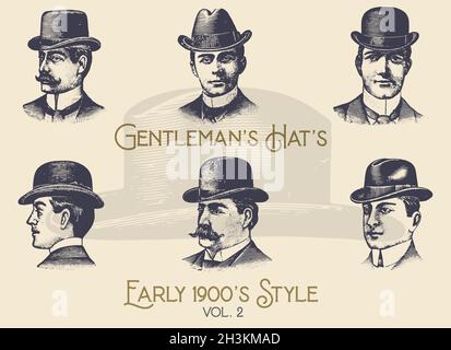 Cappello da uomo stile 1900, vettore d'incisione vintage. Revival retro. Tratto da un catalogo vintage 1902. Illustrazione Vettoriale