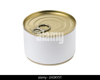 Barattolo di latta con etichetta vuota e con il tasto sul cappuccio, isolato su sfondo bianco. Foto Stock