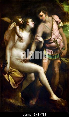 Venere e Adonis di Luca Cambiaso 1527-1585 Italia il poema narrativo italiano di Venere e Adonis di William Shakespeare pubblicato nel 1593. Il poema racconta la storia di Venere, la dea dell'Amore del suo amore non riprovato e della sua tentata seduzione di Adonis, un giovane estremamente bello, che preferirebbe andare a caccia. Foto Stock