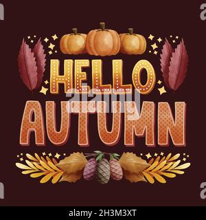 ciao autunnale scritta con elementi stagionali disegno vettoriale Illustrazione Vettoriale