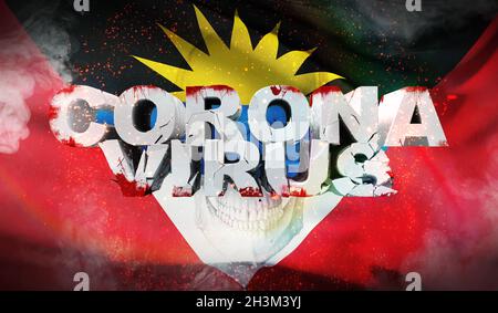 Focolaio di coronavirus e coronavirus influenza 2019-ncov sulla bandiera nazionale sventata di Antigua e Barbuda. Ondulato molto dettagliato c Foto Stock