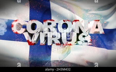 Focolaio di coronavirus e coronavirus influenza 2019-ncov su bandiera nazionale ondulata della Finlandia. Primo piano estremamente dettagliato ondulato in 3D Foto Stock