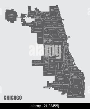 La città di Chicago, mappa amministrativa con etichette, Stati Uniti Illustrazione Vettoriale