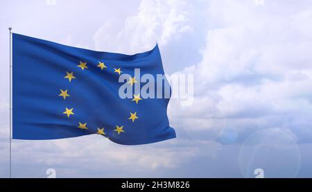 Bandiere sventolanti del mondo - bandiera ufficiale dell'UE. Bandiera dell'Unione europea. Illustrazione 3D. Foto Stock