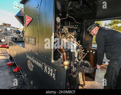 Cottbus, Germania. 29 ottobre 2021. Christian Menzel, motorista della ferrovia del parco di Cottbus, lancia i carboni nella camera di combustione della locomotiva a vapore 'Graf Arnim' con una larghezza della carreggiata di 600 millimetri. Lo stesso giorno, la locomotiva a vapore del 1895 torna ufficialmente sulla pista a scartamento ridotto lunga 3.2 chilometri per la prima volta dopo il suo restauro. La ferrovia del parco di Cottbus è stata fondata nel 1954. Credit: Patrick Pleul/dpa-Zentralbild/ZB/dpa/Alamy Live News Foto Stock