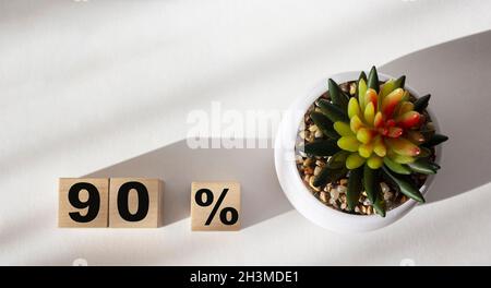 90% scritto su cubi di legno isolato su sfondo bianco, vista dall'alto, spazio copia e con fiore di cactus. Foto Stock