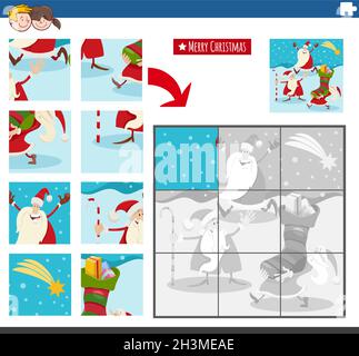 Illustrazione cartoon di gioco di puzzle educativo per bambini con personaggi di Babbo Natale nel periodo di Natale Illustrazione Vettoriale