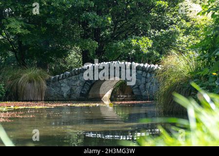 Ponte di pietra nel giardino di Queenstown Nuova Zelanda Foto Stock