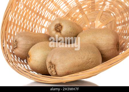 Diversi kiwi biologici succosi con un cestino, primo piano, isolato su bianco. Foto Stock